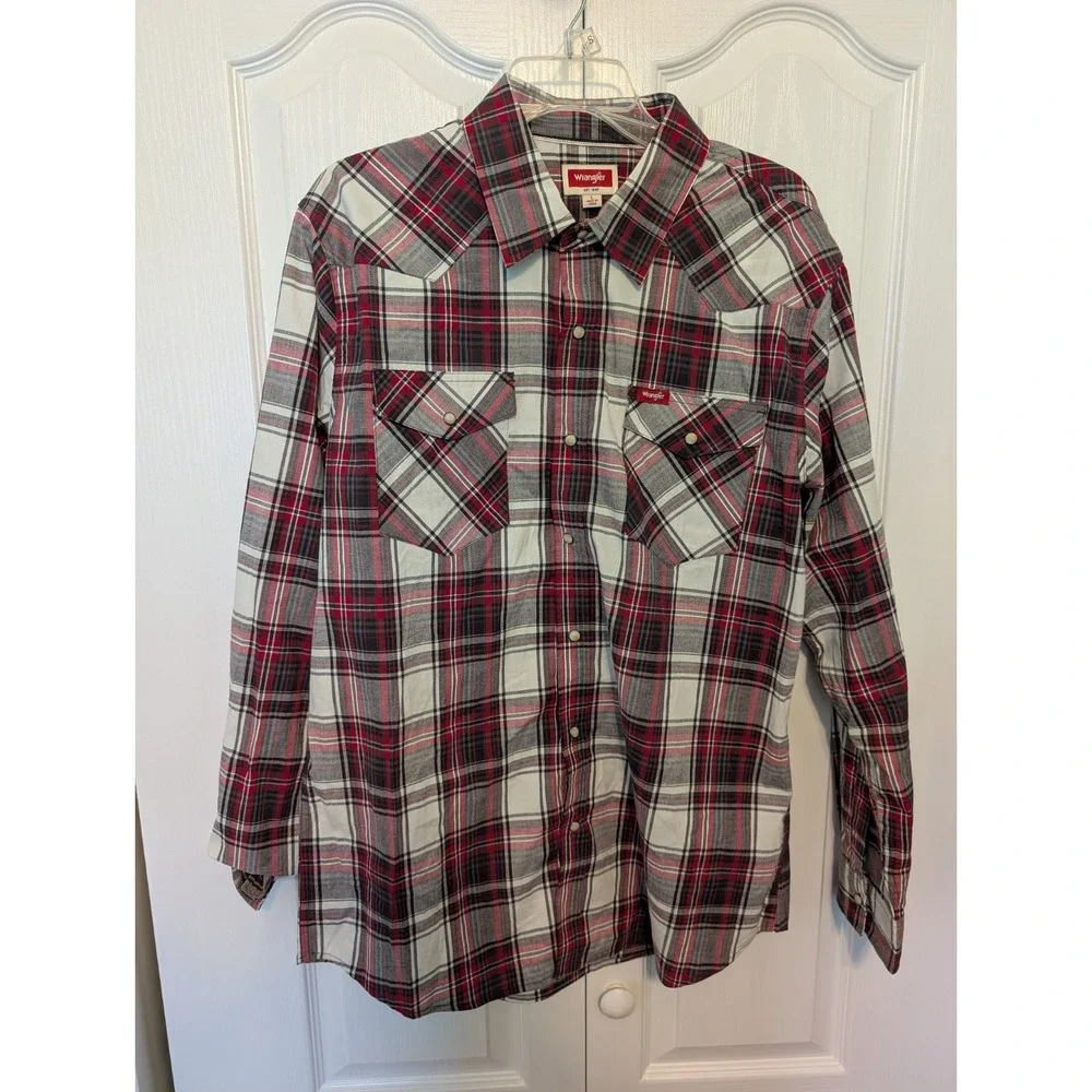 Wrangler Mens Pearl Snap Shirt Large Red/Gray/White Plaid Western Cowboy